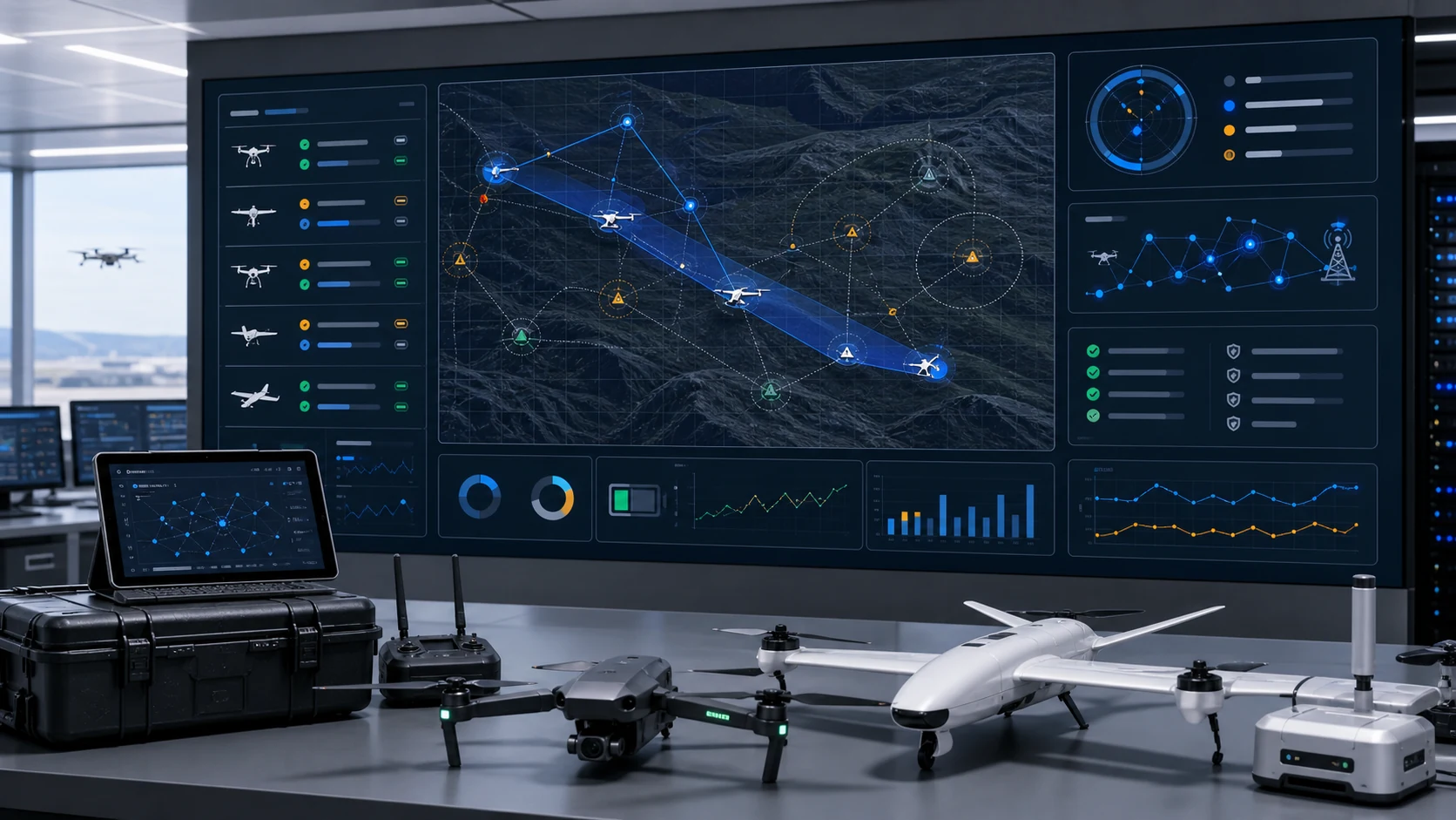 BVLOS drone operations control room with fleet telemetry, detect-and-avoid state, UTM corridors, Remote ID, safety checks, and flight evidence panels