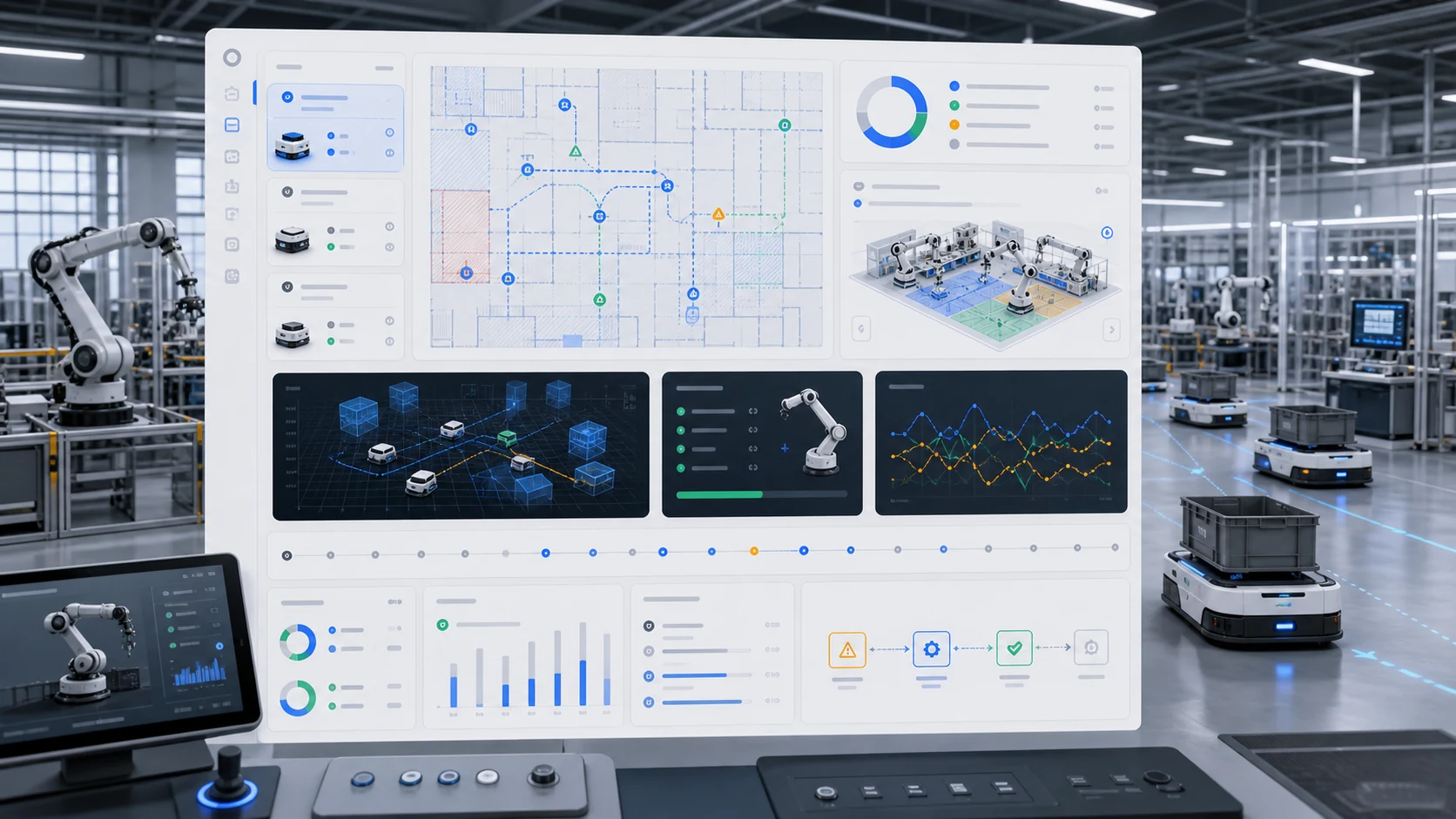 Robotics fleet operations console showing AMR routes, industrial robot cells, digital twin panels, safety zones, OTA state, and performance telemetry in a smart factory