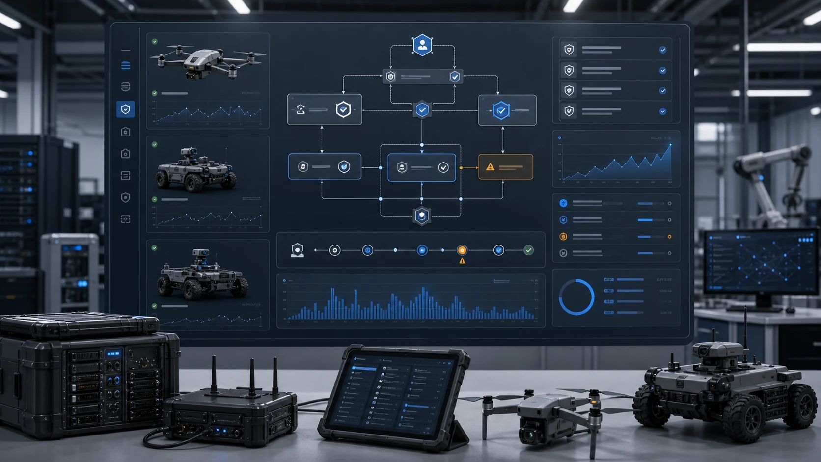 Uncrewed aerial and ground systems assurance console with signed manifests, human checkpoints, runtime telemetry, fail-safe state monitoring, and edge device readiness